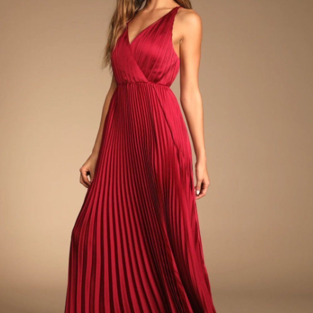 Lulus Formal Maxi Dress/Gown - Wine Red Pleated Satin - Size S